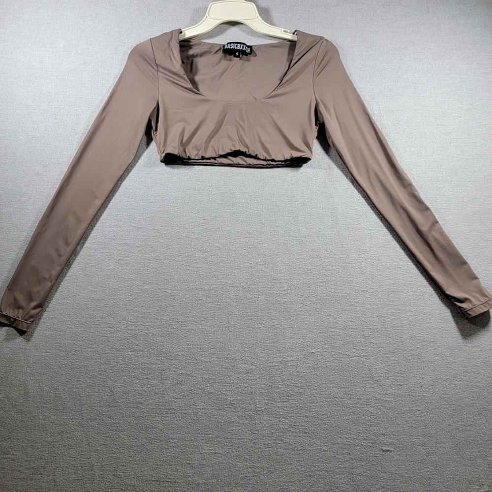 BASICBXXCH Crop Top Womens Small Taupe Excellent Long Sleeve Scoop Neck Elastic